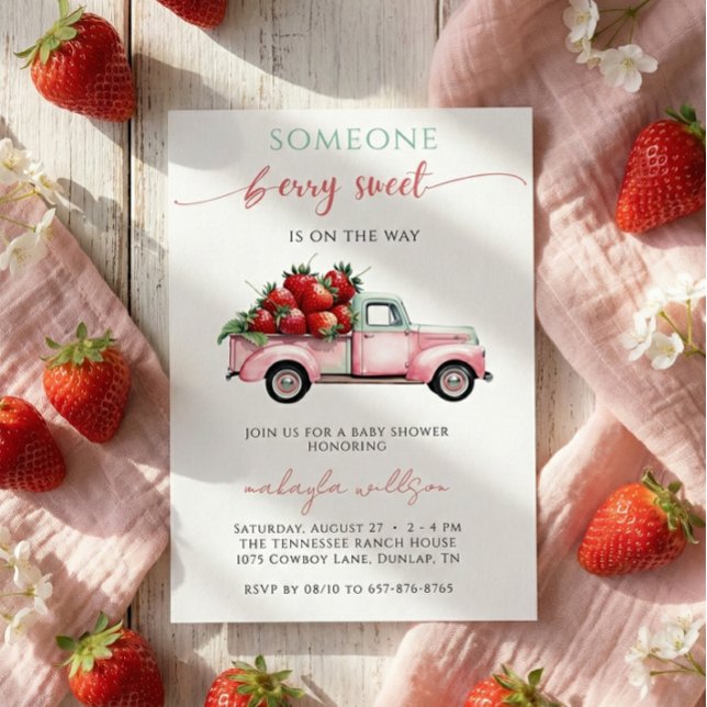 Berry Sweet Pink Truck  red strawberry Baby Shower Invitation (Creator Uploaded)