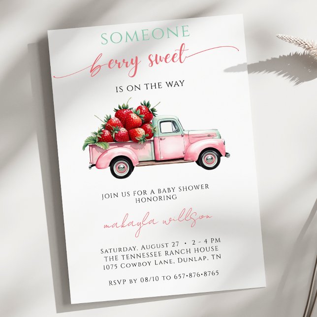 Berry Sweet Pink Truck  red strawberry Baby Shower Invitation (Creator Uploaded)