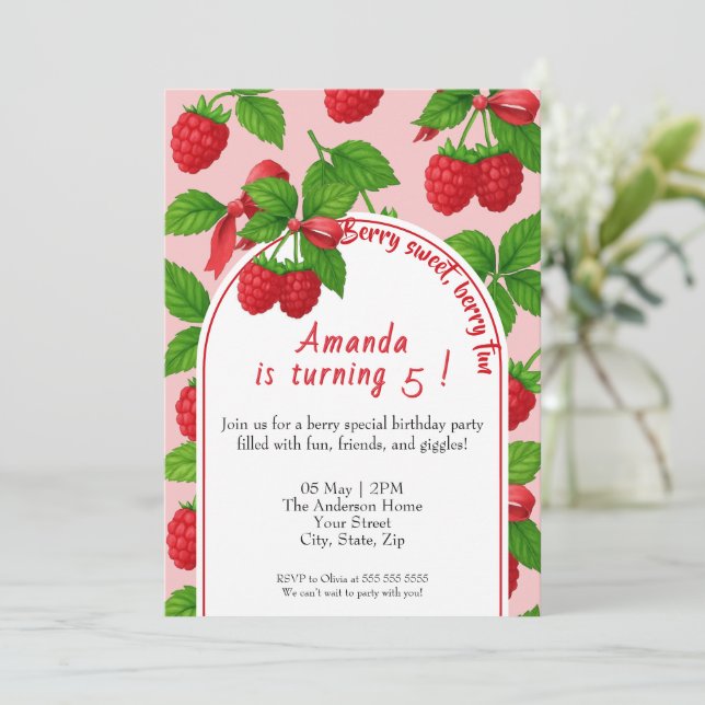 Berry Sweet Raspberry Kids Birthday Invitation  (Standing Front)