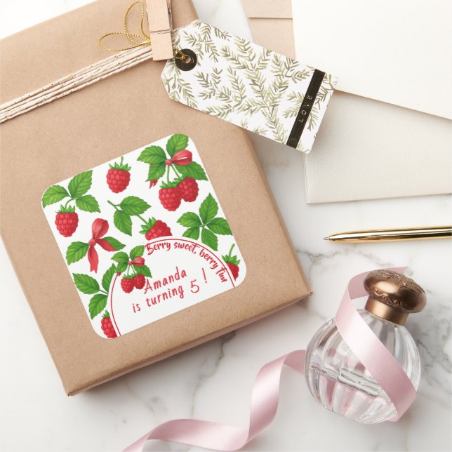 Berry Sweet Raspberry Kids Birthday Party -  Square Sticker (Gifting)