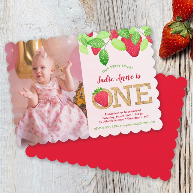 Berry Sweet Red Strawberry 1st Birthday Girl Photo Invitation (Creator Uploaded)