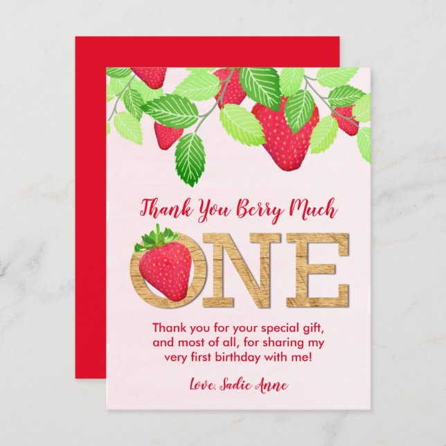 Berry Sweet Red Strawberry 1st Birthday Girl Photo Thank You Card (Front/Back)