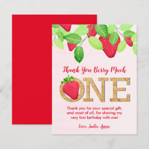 Berry Sweet Red Strawberry 1st Birthday Girl Photo Thank You Card