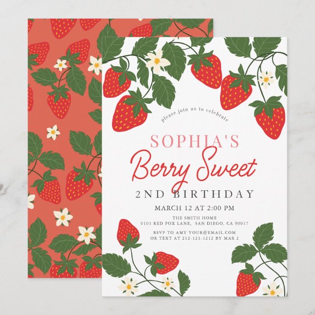 Berry Sweet Red Strawberry Floral 2nd Birthday Invitation (Front/Back)
