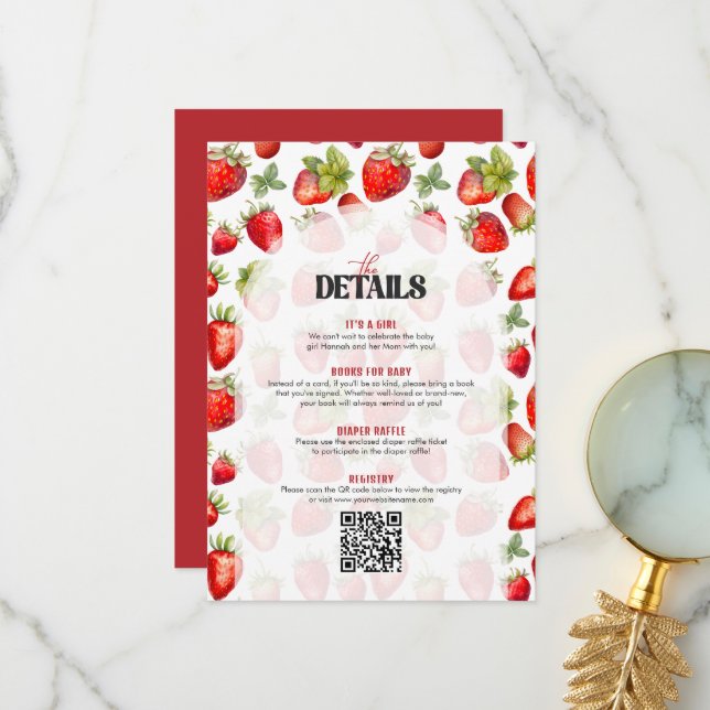 Berry Sweet Red White Baby Shower Details Card (Front/Back In Situ)