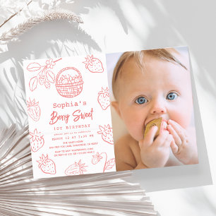 Berry Sweet Starawberry Photo 1st Birthday Invitation