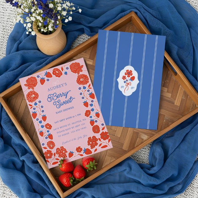 Berry Sweet Strawberries, Blueberries & Blooms (Berry Sweet Strawberries, Blueberries & Blooms Foil Invitation)