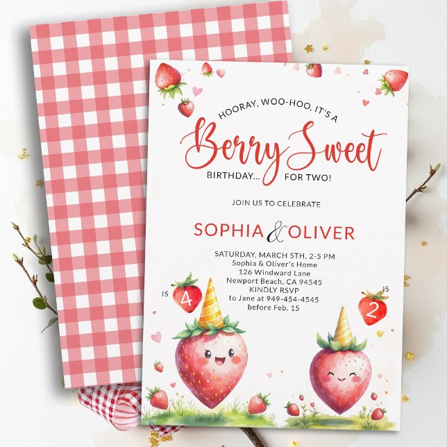 Berry Sweet Strawberries Joint 2 Siblings Birthday Invitation (berry sweet birthday party invitation siblings sisters twins cute strawberries watercolor farmhouse )