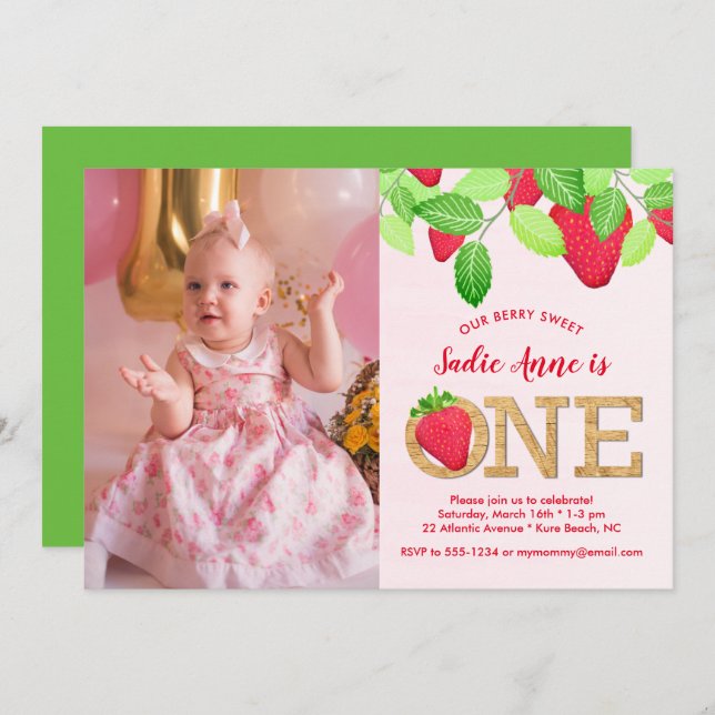 Berry Sweet Strawberry 1st Birthday Girl Photo Invitation (Front/Back)