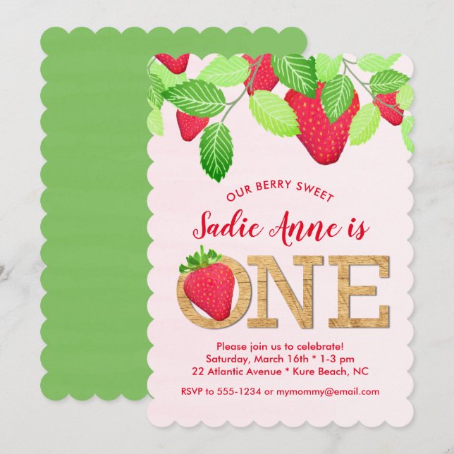 Berry Sweet Strawberry 1st Birthday Girl Red Green Invitation (Front/Back)