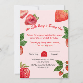 Berry Sweet Strawberry 1st Birthday Invitation 