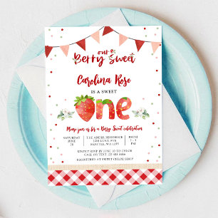 Berry Sweet Strawberry 1st Birthday Invitation