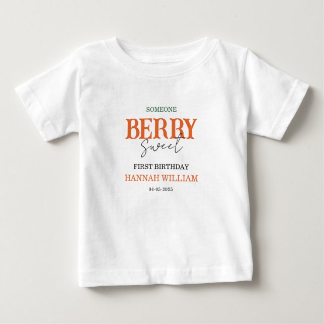 Berry Sweet Strawberry 1st Birthday Party Baby T-Shirt (Front)