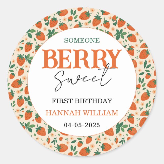 Berry Sweet Strawberry 1st Birthday Party Classic Round Sticker (Front)