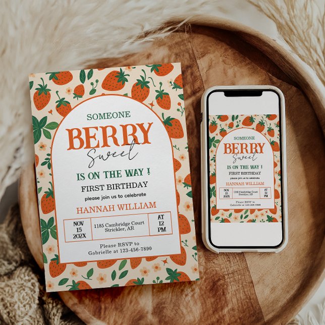 Berry Sweet Strawberry 1st Birthday Party Invitation (Creator Uploaded)