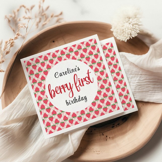 Berry Sweet Strawberry 1st Birthday Party Napkin (Creator Uploaded)