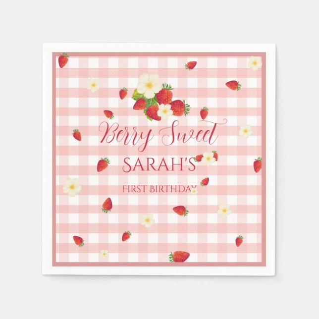 Berry Sweet Strawberry 1st Birthday Party Napkin (Front)