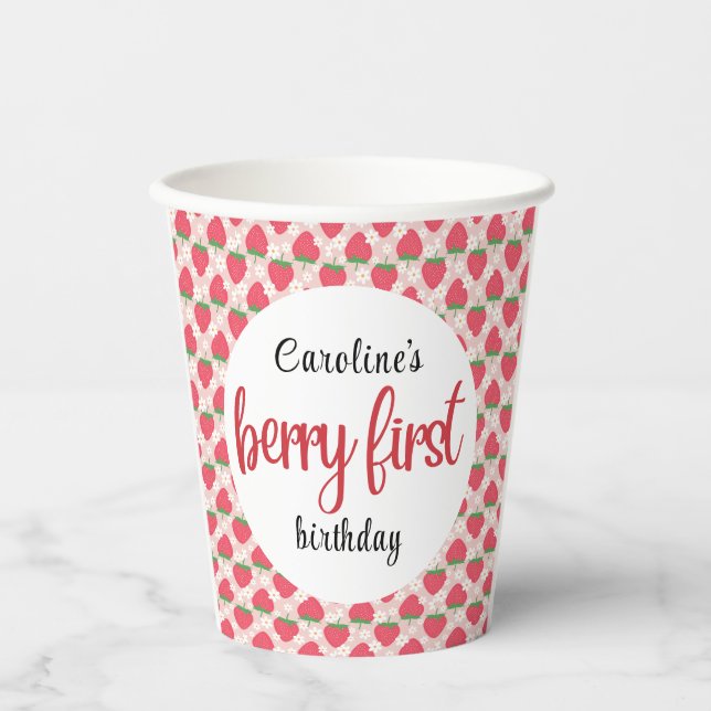 Berry Sweet Strawberry 1st Birthday Party Paper Cups (Front)