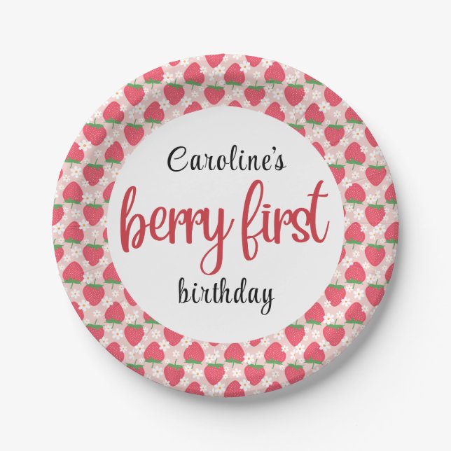 Berry Sweet Strawberry 1st Birthday Party Paper Plate (Front)