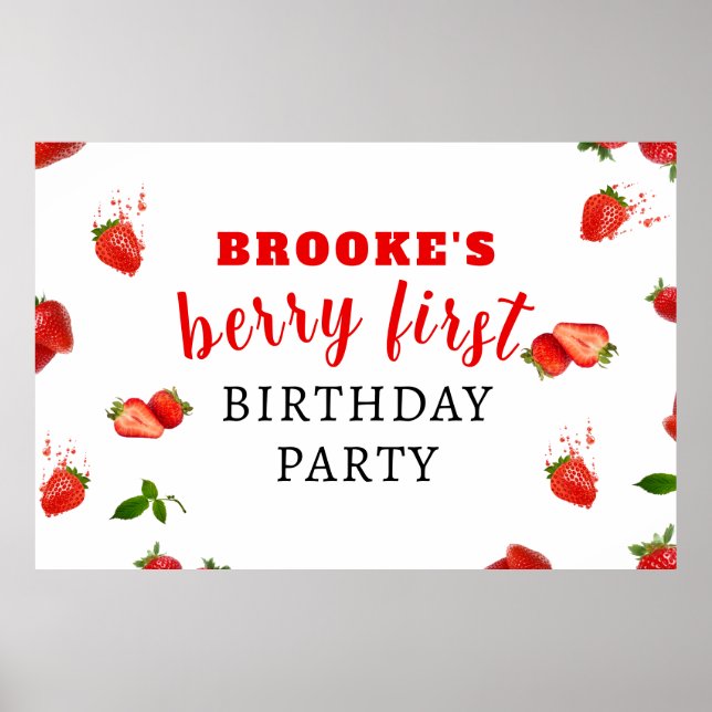 Berry Sweet Strawberry 1st Birthday Poster (Front)