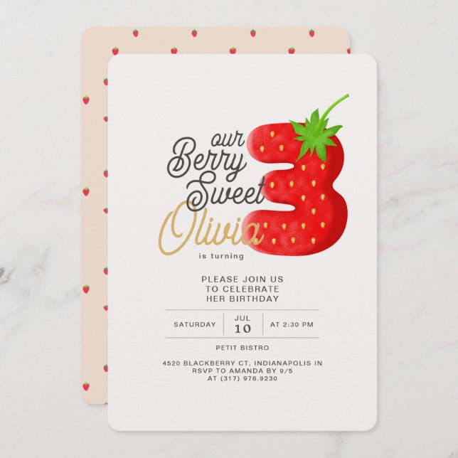 Berry Sweet Strawberry 3rd Birthday Invitation (Front/Back)