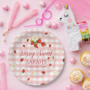 Berry Sweet Strawberry 3rd Birthday Party Paper Plate