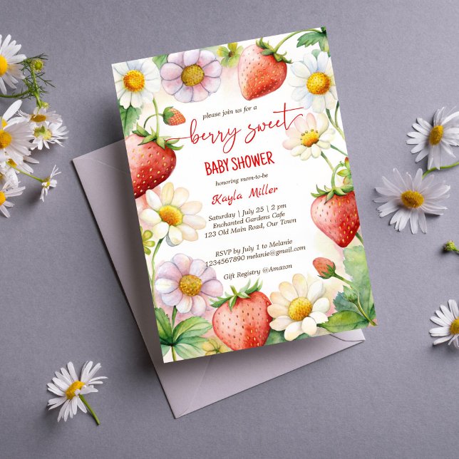 Berry sweet strawberry baby shower invitation (Berry sweet summer garden strawberry baby shower invitation editable template instant download)