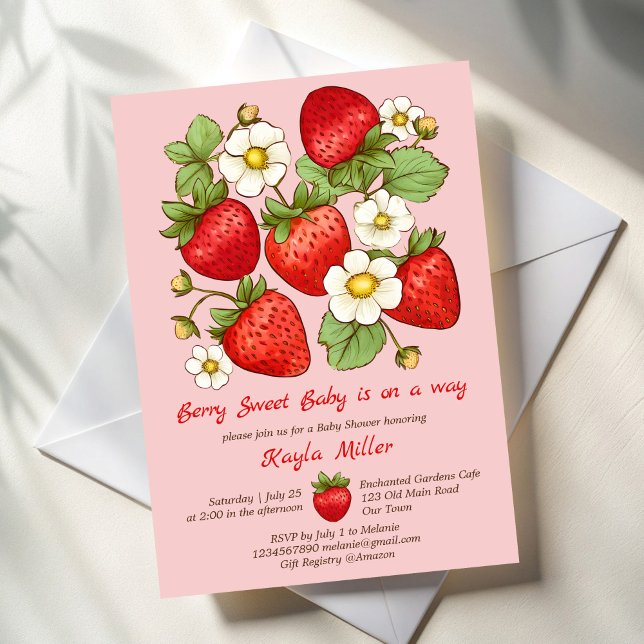 Berry sweet strawberry baby shower invitation (Berry sweet strawberry baby shower invitation editable template retro strawberries cute invite)