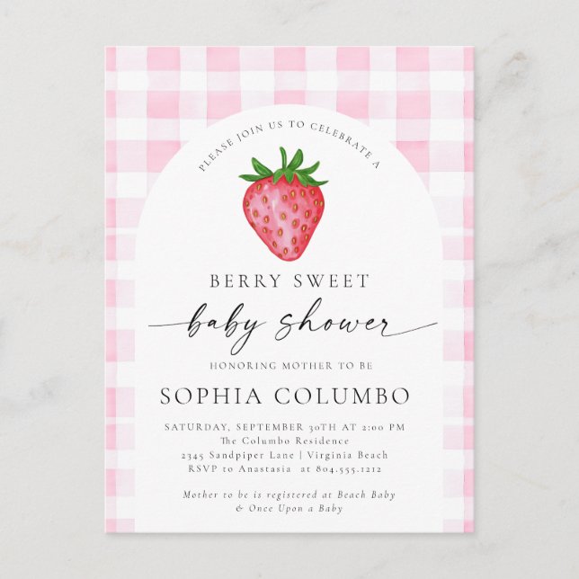 Berry Sweet Strawberry Baby Shower Invitation Postcard (Front)