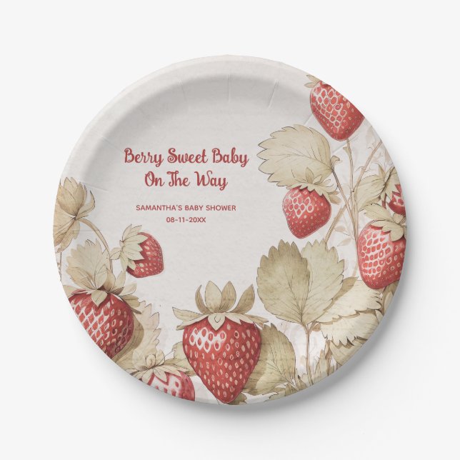 Berry Sweet Strawberry baby shower  Paper Plate (Front)