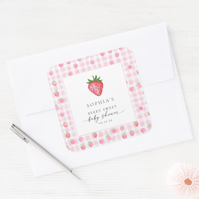 Berry Sweet Strawberry Baby Shower Square Sticker  (Envelope)