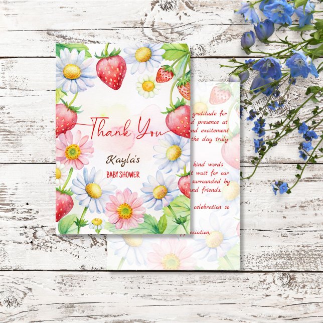 Berry sweet strawberry baby shower thank you card (Berry sweet strawberry baby shower thank you cards strawberries and daisies summer baby shower)