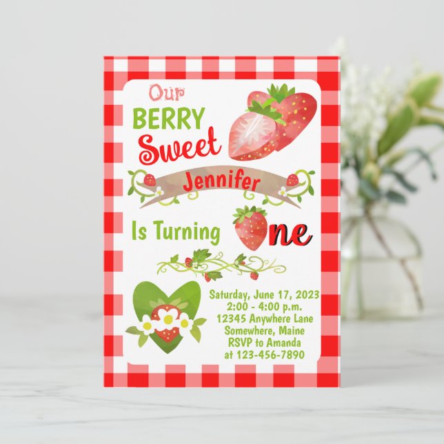 Berry Sweet Strawberry Birthday Invitations (Standing Front)
