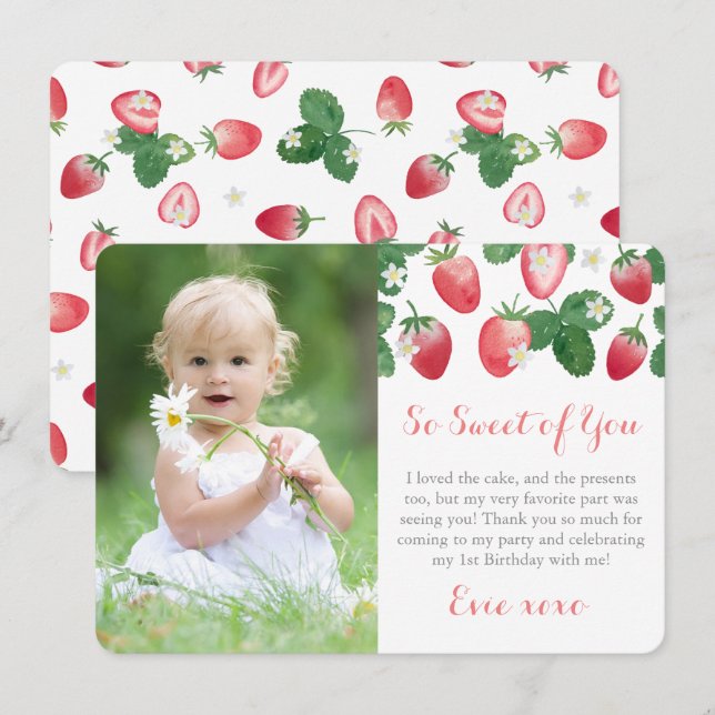 Berry Sweet Strawberry Birthday Party Photo Thank You Card (Front/Back)