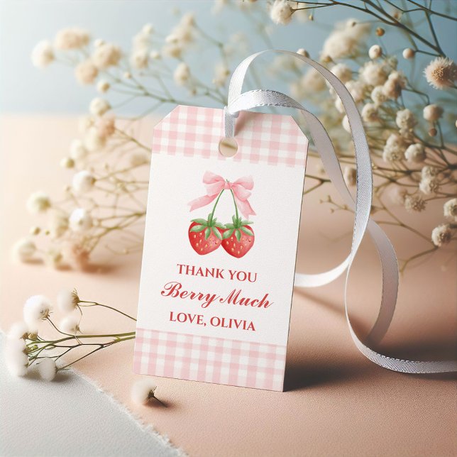 Berry Sweet strawberry birthday Pink Bow Gingham Gift Tags (Creator Uploaded)