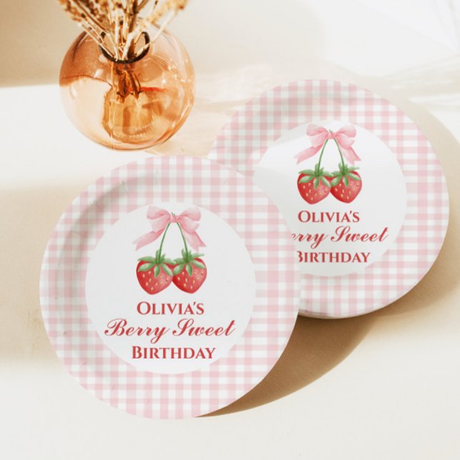 Berry Sweet strawberry birthday Pink Bow Gingham Paper Plate (Creator Uploaded)