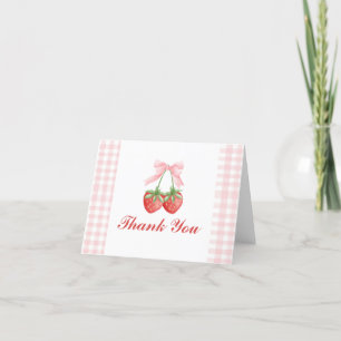 Berry Sweet strawberry birthday Pink Bow Gingham Thank You Card