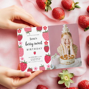 "Berry Sweet Strawberry Birthday with Photo Invitation