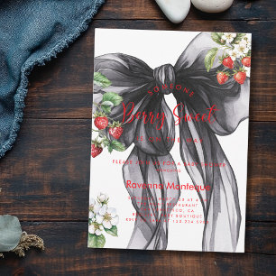 Berry Sweet Strawberry Black Bow Baby Shower Invitation