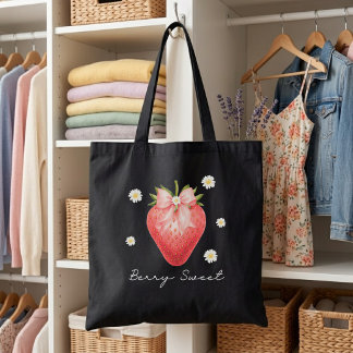 Berry Sweet Strawberry Black Tote Bag