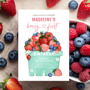 Berry Sweet Strawberry Blueberry First Birthday Invitation