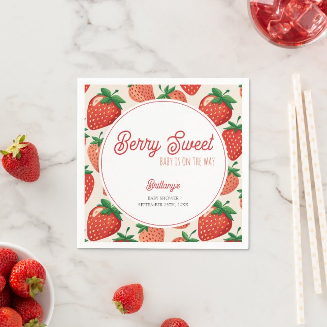 Berry Sweet Strawberry Chequered Baby Shower Napkin (Insitu)