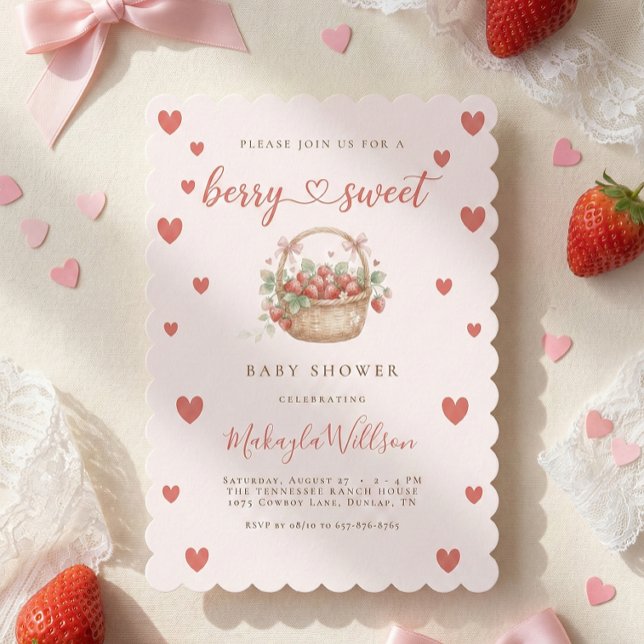 Berry Sweet Strawberry Coquette Hearts Baby shower Invitation (Creator Uploaded)