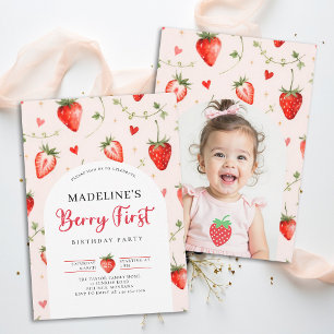 Berry Sweet Strawberry Cute Photo 1st Birthday Invitation