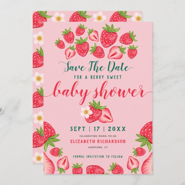 Berry Sweet Strawberry Cute Pink Baby Shower  Save The Date (Front/Back)