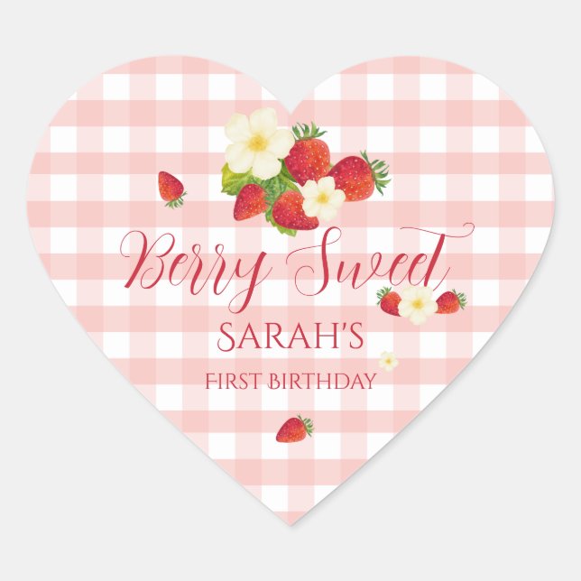 Berry Sweet Strawberry Favor Gift 1st Birthday  Heart Sticker (Front)
