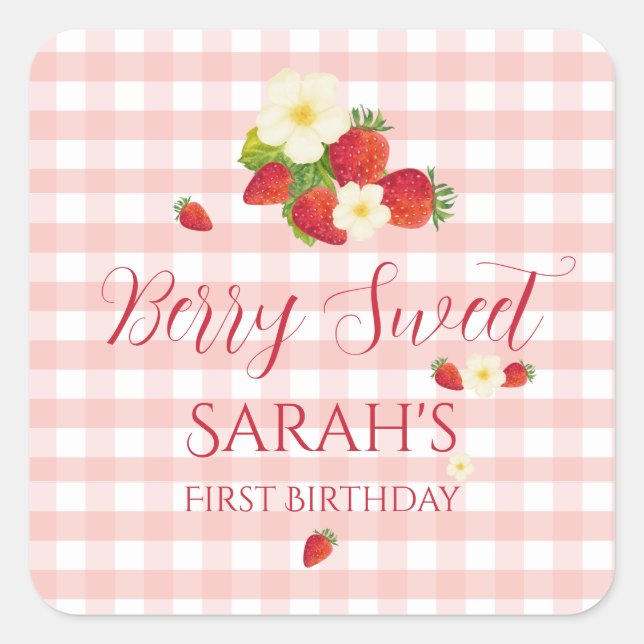 Berry Sweet Strawberry Favor Gift 1st Birthday  Square Sticker (Front)