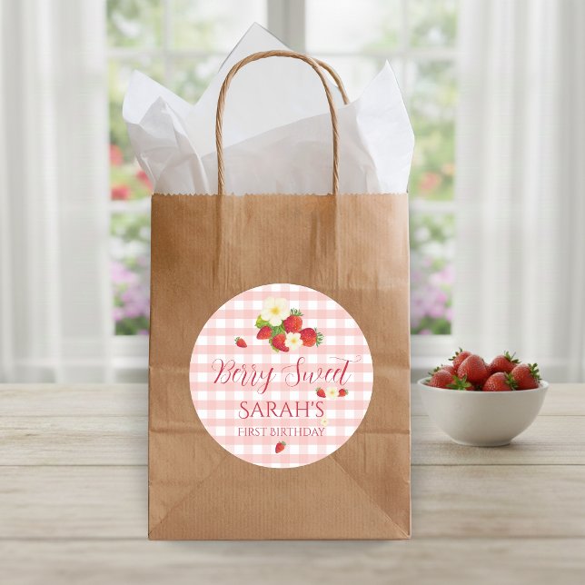 Berry Sweet Strawberry Favour Gift 1st Birthday  Classic Round Sticker (Berry Sweet Strawberry Favor Gift 1st Birthday Classic Round Sticker)
