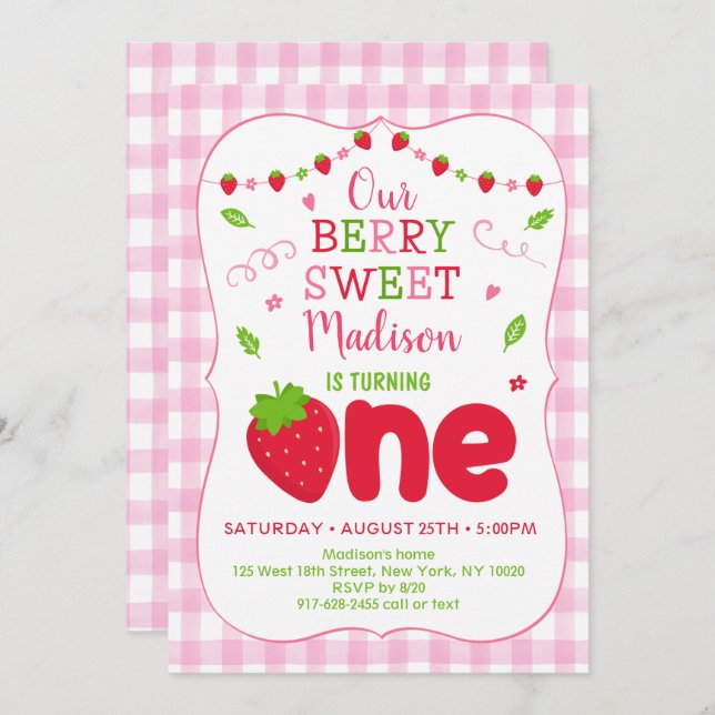 Berry Sweet Strawberry First Birthday Invitation (Front/Back)
