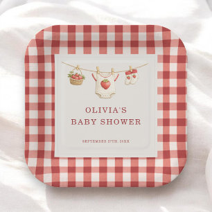 Berry Sweet Strawberry Gingham Baby Shower Party Paper Plate